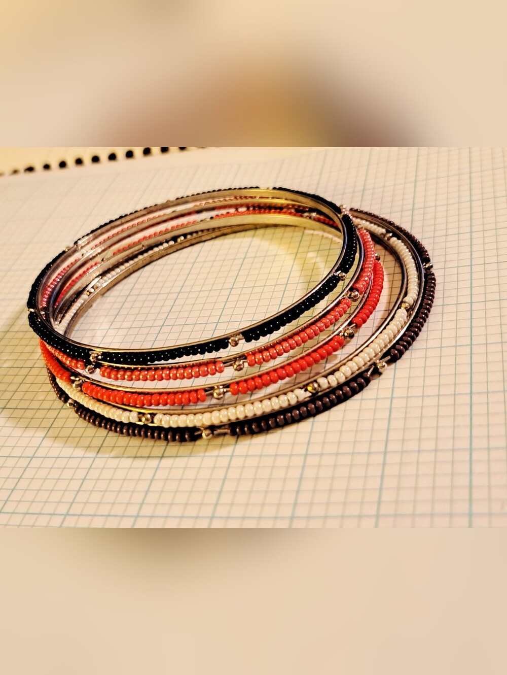 Multi-colored Bangle Bracelet Set Of 5 - Brown, Black, Pink, White, Red, Silver